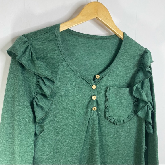 Ruffled Shoulder Flutter Pocket Top with Wooden Buttons - Picture 4 of 11